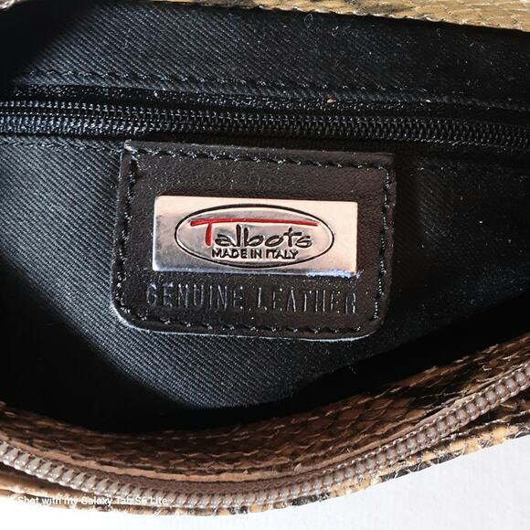 Talbots Snake Print Leather Mini Crossbody Bag Tan Brown Top Zip - Picture 7 of 8